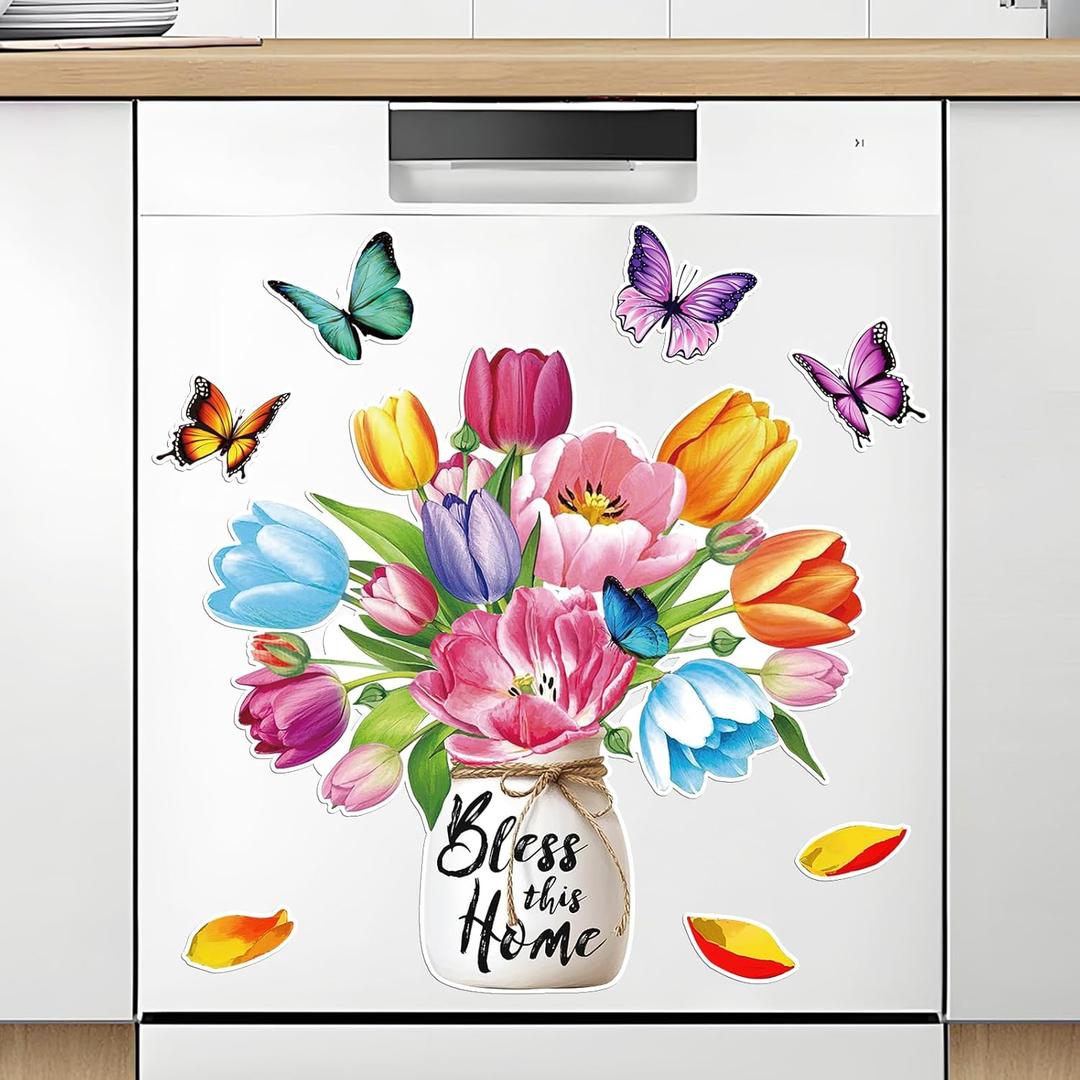 Flower Dishwasher Magnet Cover Tulip Vase Fridge Magnets Butterfly Tulip Refrigerator Sticker Spring Flower Dishwasher Sticker Decorations for Spring Fridge Dishwasher Kitchen Refrigerator Cover