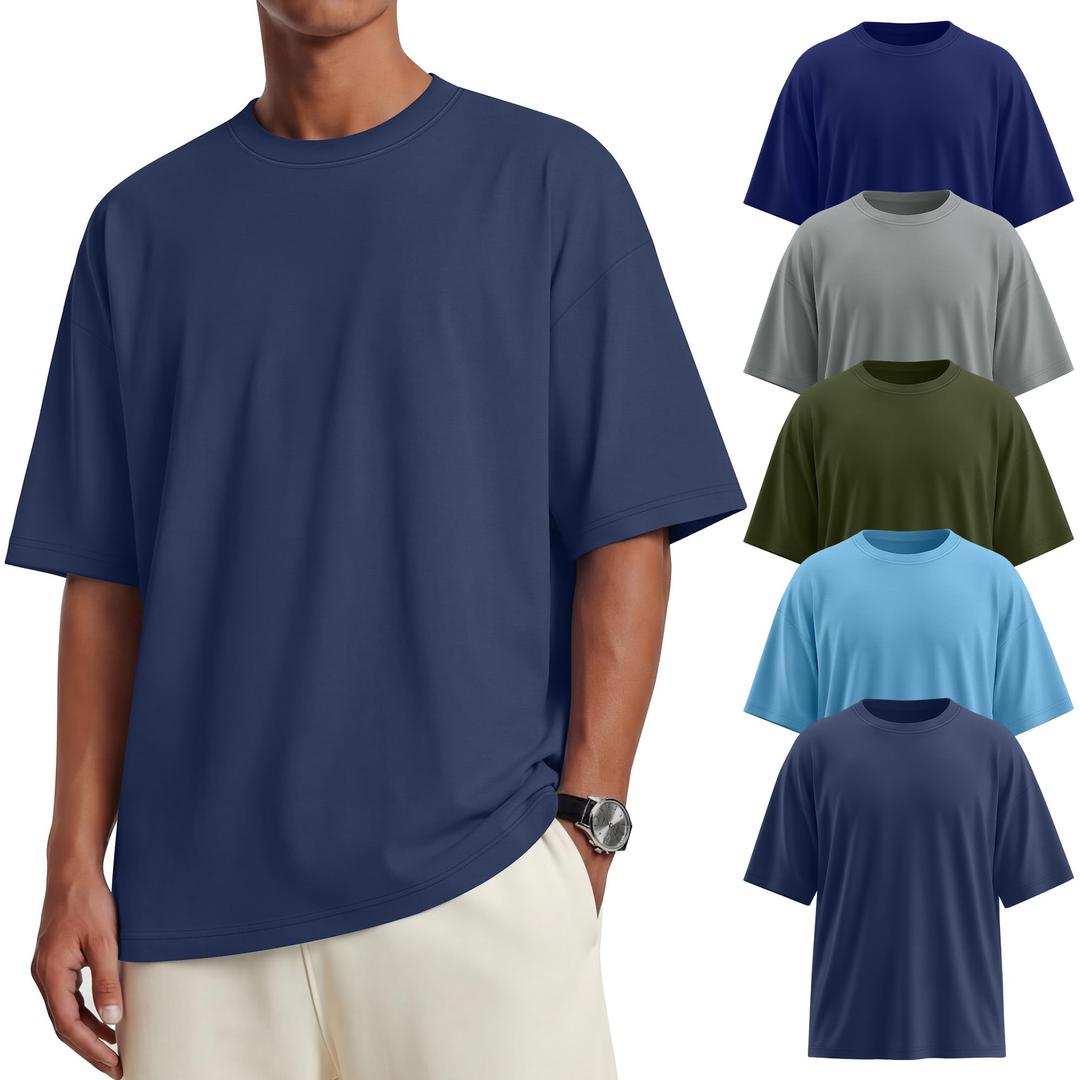 Neer 5 Pack Men's Oversized T-Shirts Loose Fit Gym Short Sleeves Drop Shoulder Tops Fashion Streetwear Workout Baggy Tees(Dark Blue, Light Gray, Army Green, Sky Blue, Denim Blue,XX-Large)
