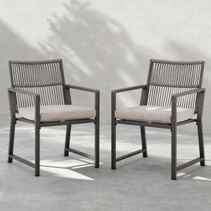Outdoor Patio Dining Chair, All-Weather Woven Rope Outdoor Chairs Set of 2, Sturdy Iron Frame, 400 lbs, Ergonomic Backrest, Removable Breathable Cushion, for Patio & Garden, Light Brown