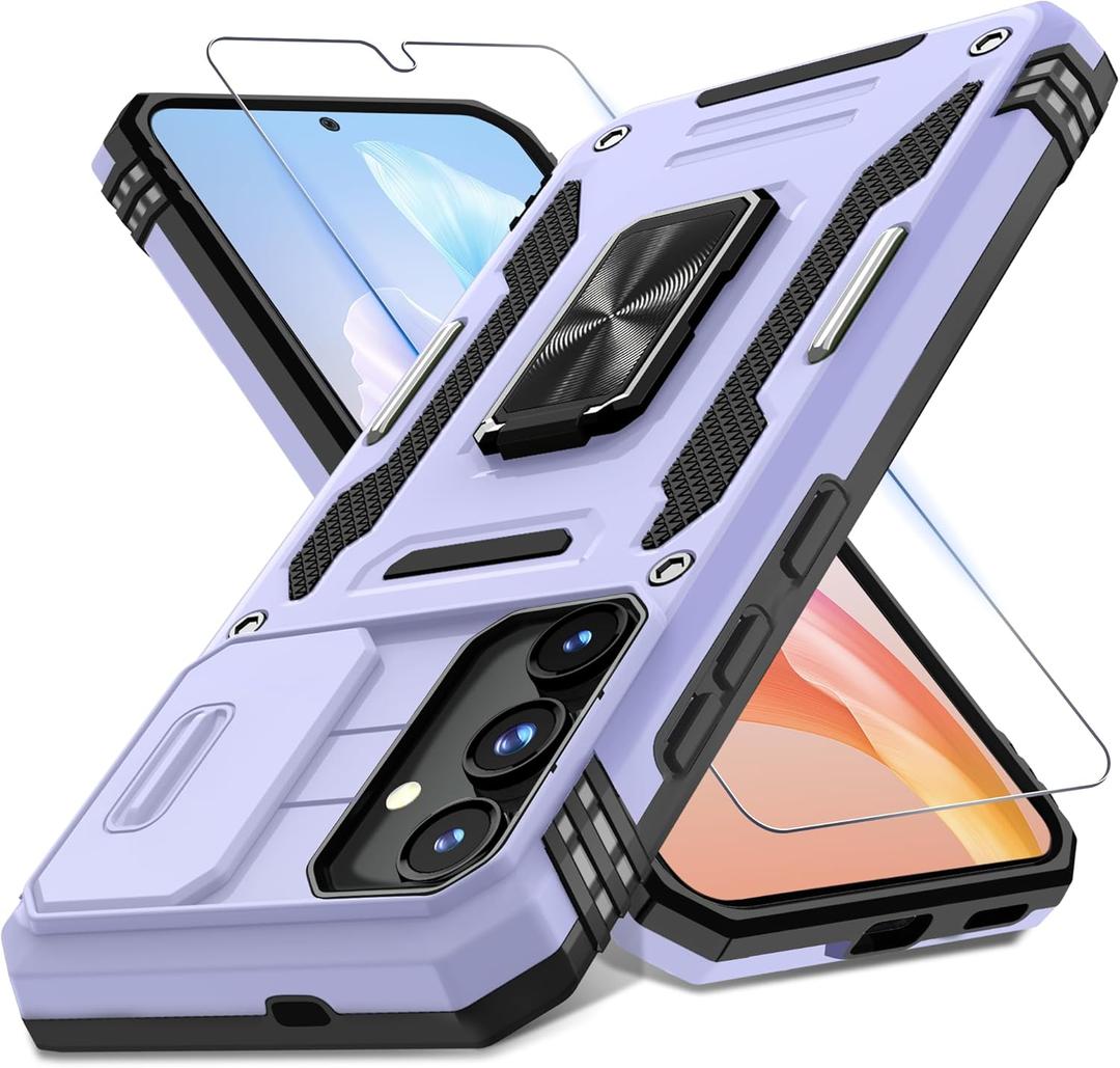 DEERLAMN Case for Samsung Galaxy S24+ Plus with Slide Camera Cover+Screen Protector (1 Pack), Rotated Ring Kickstand Military Grade Shockproof Protective Cover-Light Purple (S24 Plus-6.7 Inch)