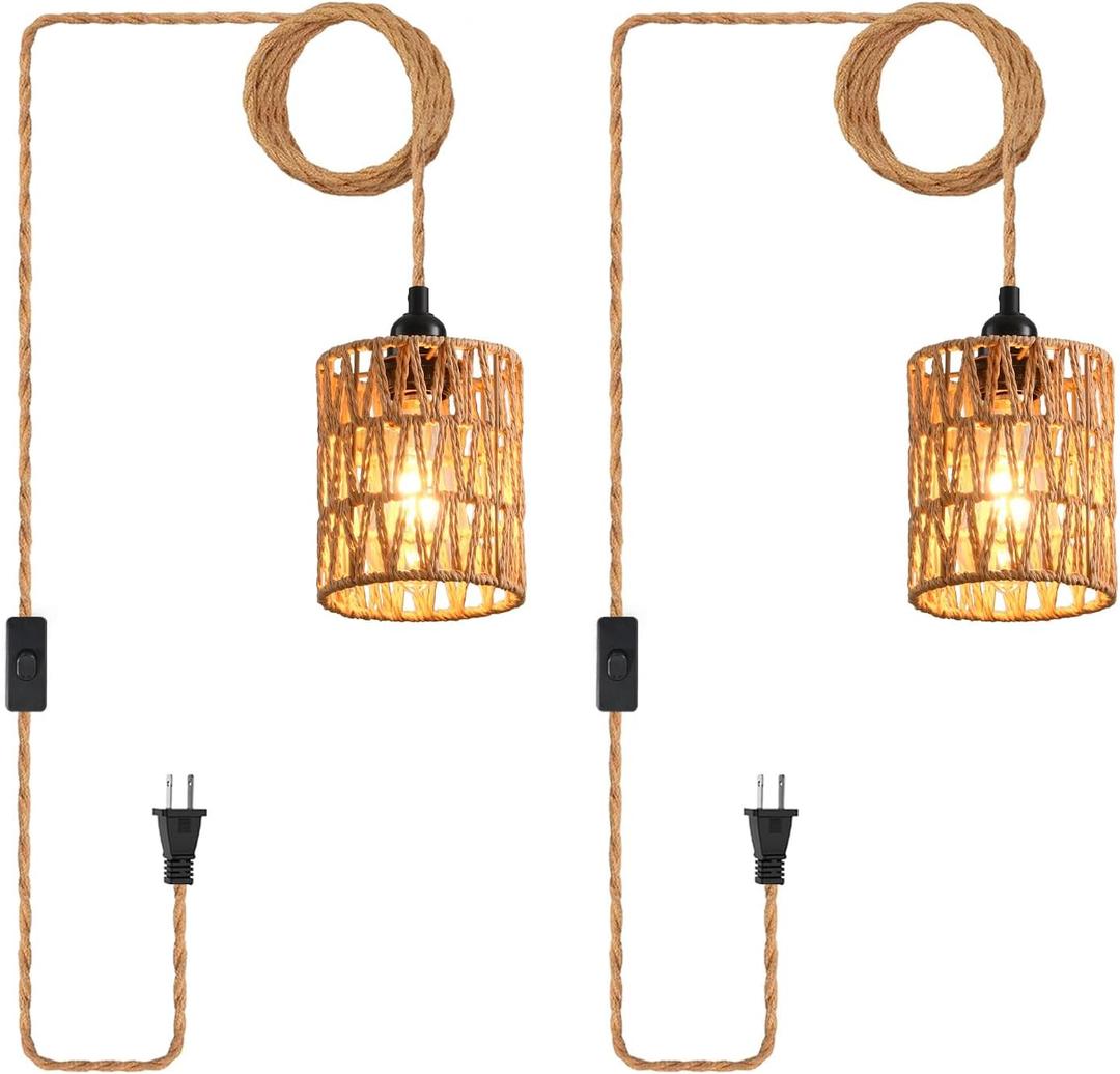 Plug in Pendant Light, Industrial Hanging Light with Plug in Cord Hemp Rope On/Off Switch Farmhouse Pendant Lamp with Plug in Cord, Vintage Hanging Lamps for Dining Room (2 PACK, Straight)