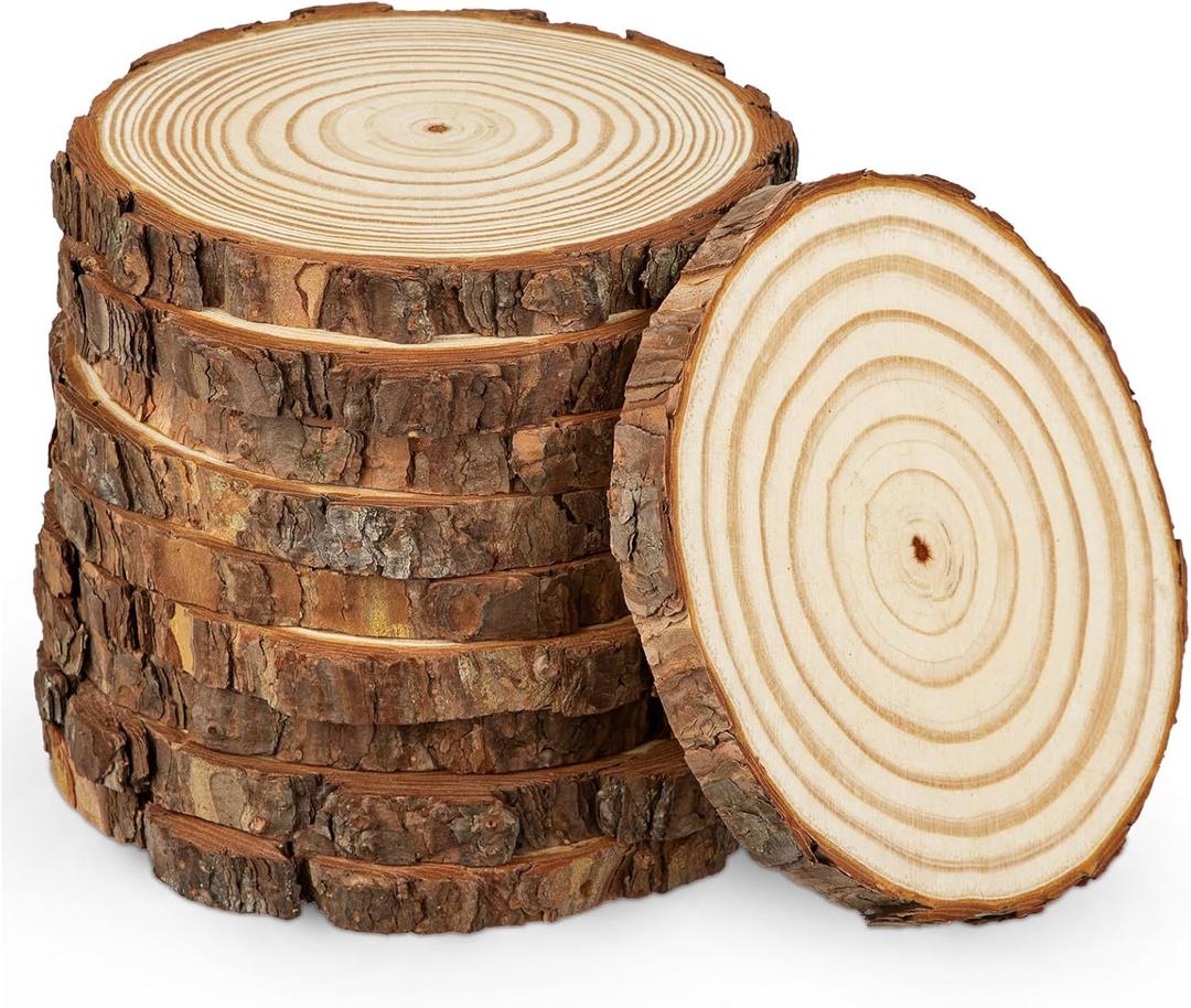 Unfinished Natural Wood Slices for Crafts - 10 Pcs Natural Round Discs Rustic Wood Slices 5.9-7.1 Inch Wooden Tree Bark Discs for DIY Centerpieces Table Base Decoration Wedding Ornaments Coasters