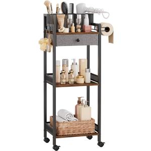 Bathroom Shelves with Drawer, 3 Tier Metal Rolling Standing Unit Storage Organizers with Toilet Paper Holder, Multifunctional Floor Corner Rack for Cosmetic, Dryer Curling Irons 12.8in Wide
