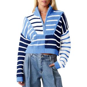 Saodimallsu Womens Striped Cropped Sweater Color Block Zip Up Long Sleeve Mock Neck Loose Pullover Jumpers