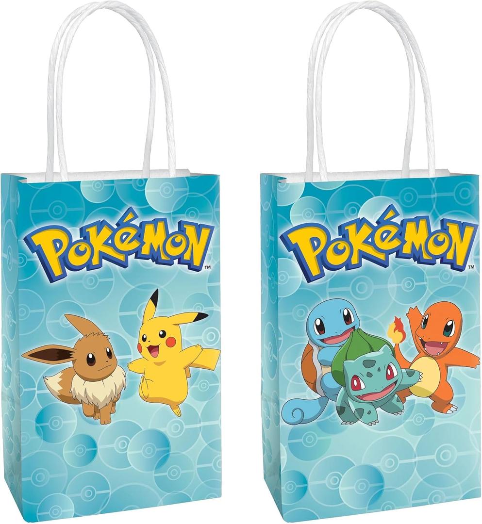 Amscan Printed Paper Kraft Bags - 8.25" x 5.25" x 3", 8 Pieces - Perfect for Parties, Gifts & Goodies, Pokemon (1 Count (Pack of 8))