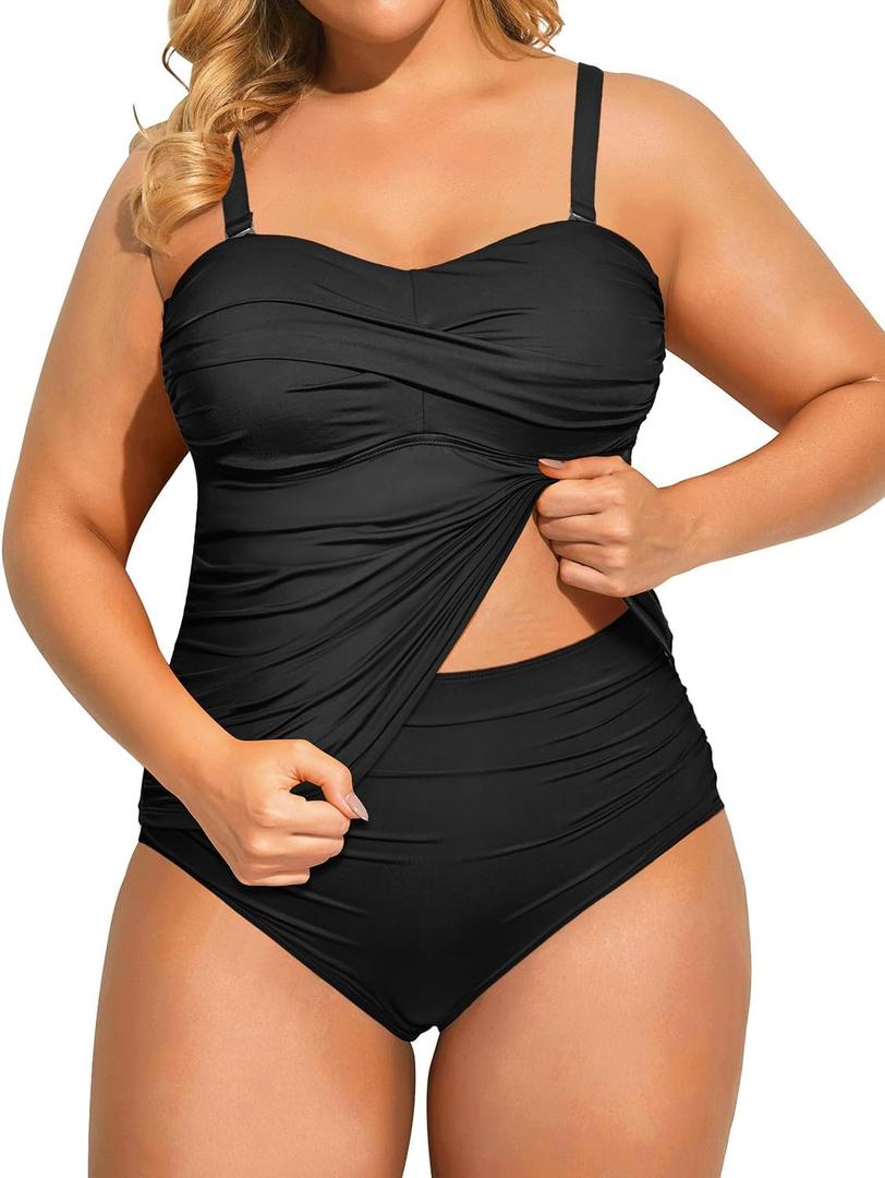 Aqua Eve Women Two Piece Plus Size Tankini Strapless Bathing Suits Bandeau Swimsuits with High Waisted Bottom (Black), 14W