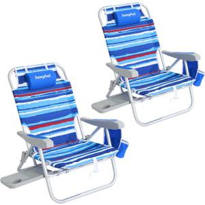 SUNNYFEEL Portable Beach Chair, Lightweight Beach Chair for Adults, Folding Camping Chair with Side Table & Organizer Bag, 3 Position Adjustable, 300lbs Heavy Duty, Low Back, Blue Stripes, 2 Pack, 19.29 in x 19.29 in x 24.8 in