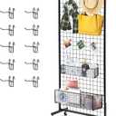 Eastern Tree 1 Pack 2.5'x 6' Three Pieces Grid Wall Panels Stand with T-Base, Black Wire Grid Wall Rack with Wheels, Craft Display Rack, Retail Display, Art Display, Extra More 10 Pieces Hooks