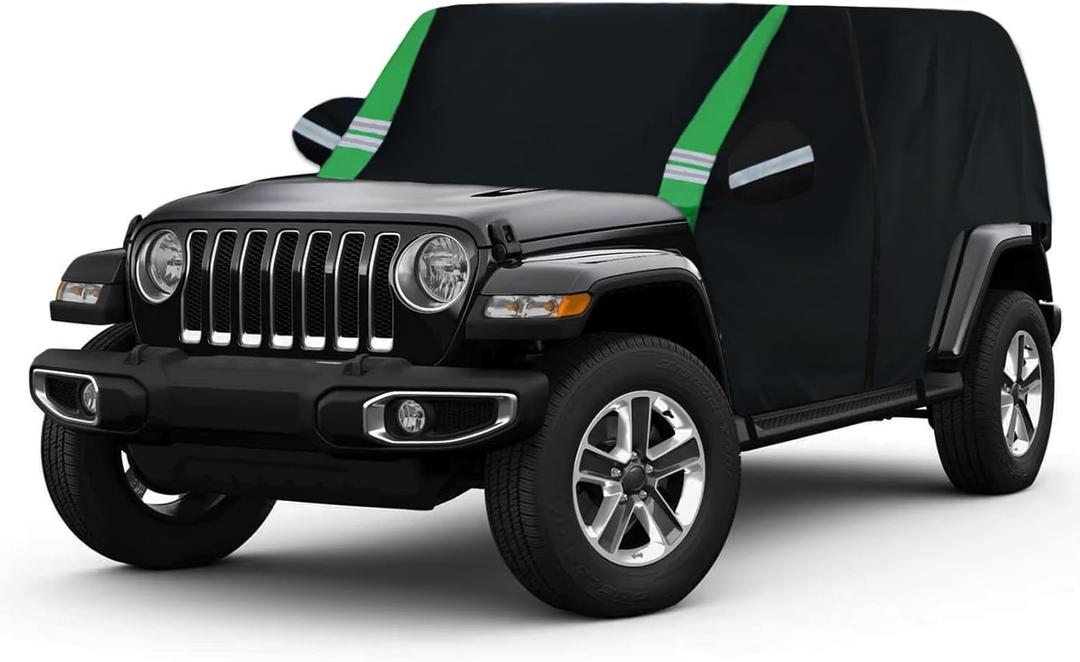 Car Cover Compatible with Jeep Wrangler Waterproof 4 Door Custom Fits for TJ YJ CJ JK JL, Outdoor Half Exterior Sun Rain Snow Dust UV Protection with Trunk Zipper