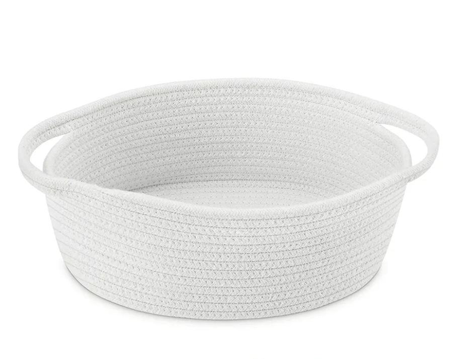 Small Baskets with Handles - Decorative Durable Rope Woven Shelf Storage Organizer Bin, White