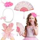 Sintege 4 Pcs Girls Tea Party Set Girls Tea Party Accessories Gloves Hats Necklace Fans for Toddler (Pink)