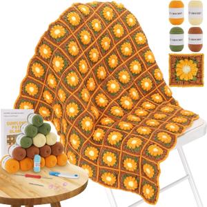 Blanket Crochet Kit for Beginners, Granny Squares Crochet Blanket Kit with Soft Yarns, Detailed Instructions & Step-by-Step Tutorials, Easy Knitting Kit for Beginner Craft Gift(Brown Sunflower)