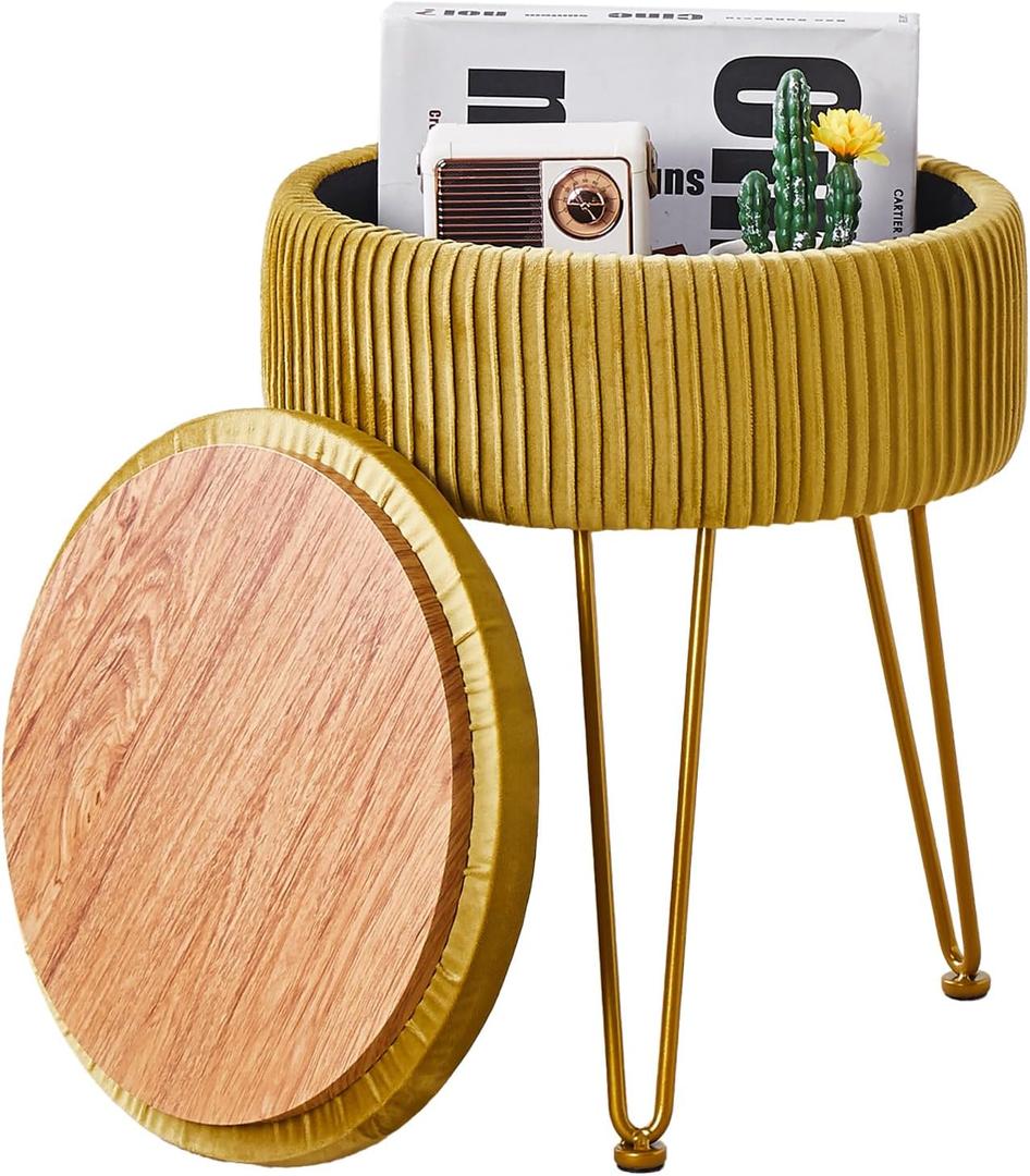 Wimarsbon Velvet Foot Rest Stool Multipurpose Dressing Stools Upholstered Round Storage Ottoman Modern Soft Vanity Chair with Memory Foam Seat Yellow