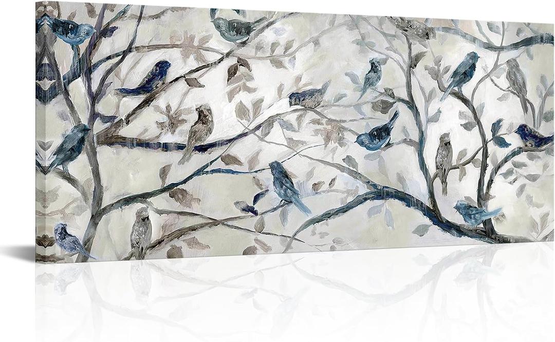 PoGoXiPoYo 1 Panel Abstract Birds Canvas Prints Wall Art Hummingbird Tree Branch Blue and Grey Oil Painting Wall Decor Modern Artwork for Kitchen Living Room Bedroom Framed 20x48 inch