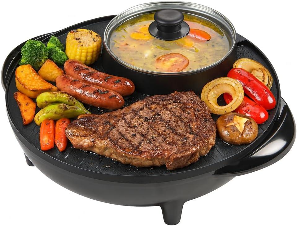 OVENTE Electric Hot Pot and Grill Combo, 2-in-1 Portable Countertop Cooker with Temperature Control Perfect for Korean BBQ, Shabu Shabu and Soup with Free Strainer, Chopsticks and Tong, Black GH10133B