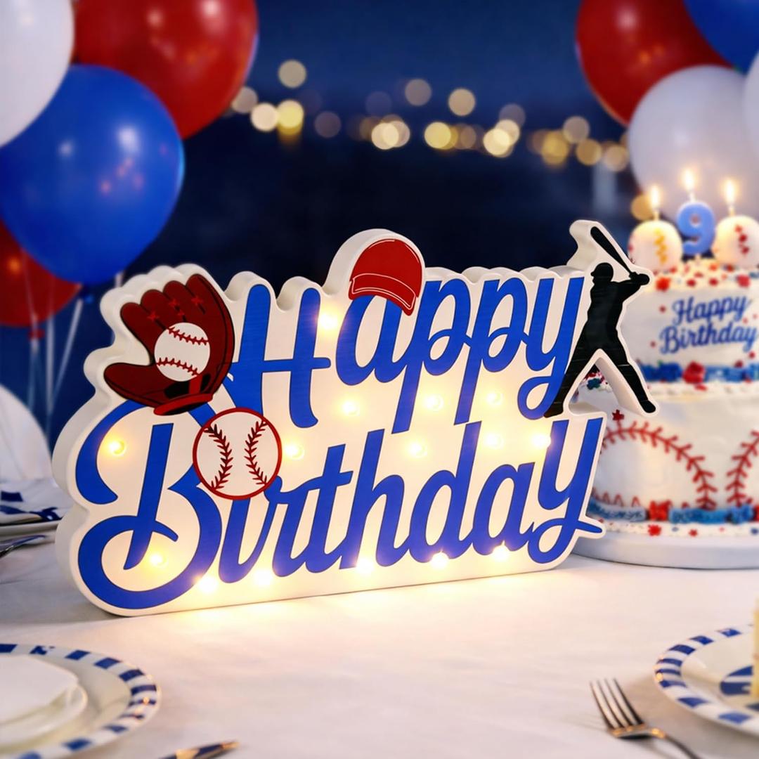 Baseball Birthday Light Up Sign, 15 LED Happy Birthday Wood Decor, Sturdy Density Board with Built-in Battery Box, Sports Themed Party Supplies for Tabletop, Bedroom, Baseball Fan Birthday Decorations