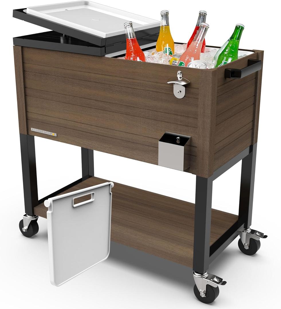 Permasteel 80 Quart Party Cooler, Rolling Ice Chest with Wheels and Handles for Indoor Outdoor Patio (Brown)