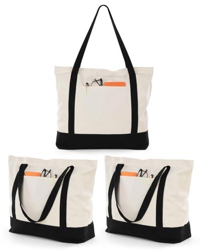 Lzerking Canvas Tote Bag with Zipper and External Pocket, 3 Pack Reusable Grocery Shopping Bags for Beach, Gift, DIY (Natural Color)