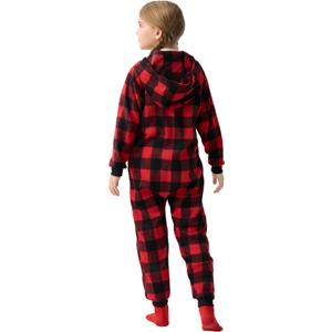 Giggling Getup Red Christmas Pajamas, Flannel Buffalo Plaid Pajamas with Hood for Holiday Jumpsuit M