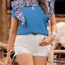 MakeMeChic Women's Floral Blouse Crew Neck Short Sleeve Keyhole Summer Boho Shirt (Blue, M)