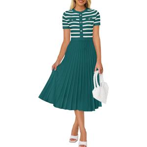 ZESICA Women's 2026 Casual Striped Midi Dress Crewneck Short Sleeve Button Ribbed Knit Swing Pleated A Line Dresses Dark Green X-Large