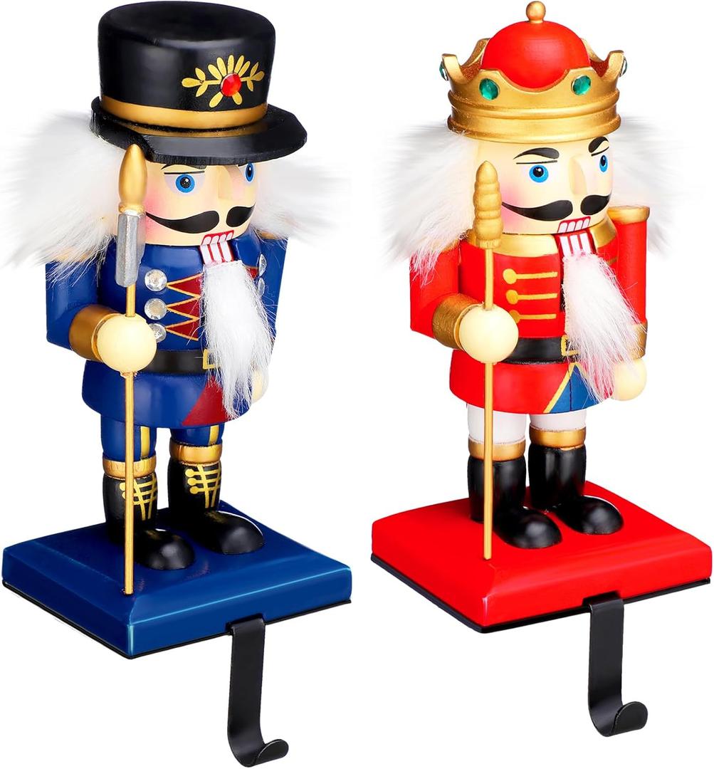 2 Pcs Wooden Christmas Stocking Holders Nutcracker Soldier Hangers with Xmas Stocking Hooks for Fireplace Mantel