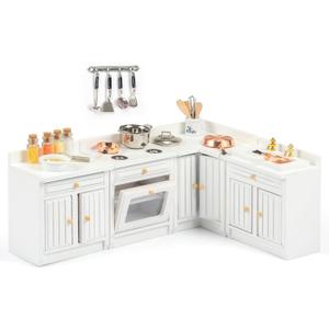 SAMCAMI Wooden Dollhouse Furniture Set - Miniature Furniture 1 12 Scale for Dollhouse Kitchen - Doll House Furniture Toys Incl Freely Combined Wooden Kitchen Cabinets and Other Dollhouse Accessories (White)