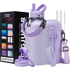 Half Gallon Water Bottle Insulated - 64 oz Water Bottle with Carrying Sleeve, Paracord Handle, Straw Spout Lid, Leak-proof Metal Hydro Water Jug for Workout Sport Hiking Gym, Purple Big Flask Thermo