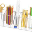 Uniclife Clear Acrylic Pen Holder for Desk, Plastic Pencil Holder Pen Organizer with 5 Compartments, Desktop Stationery Organizer for Office Home School, Vertical Makeup Brush Holder, 11.3" x 3" x 4"