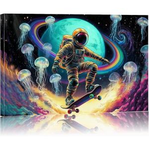 16x24 Framed Space Astronaut Skateboard Canvas Wall Art Colorful Poster