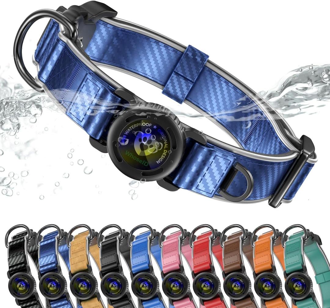 WhoseID AirTag Dog Collar, Waterproof Reflective Leather Dog Collar with AirTag Holder and Magnetic Buckle, Heavy Duty Pet Collar for Dogs (Blue, Medium)