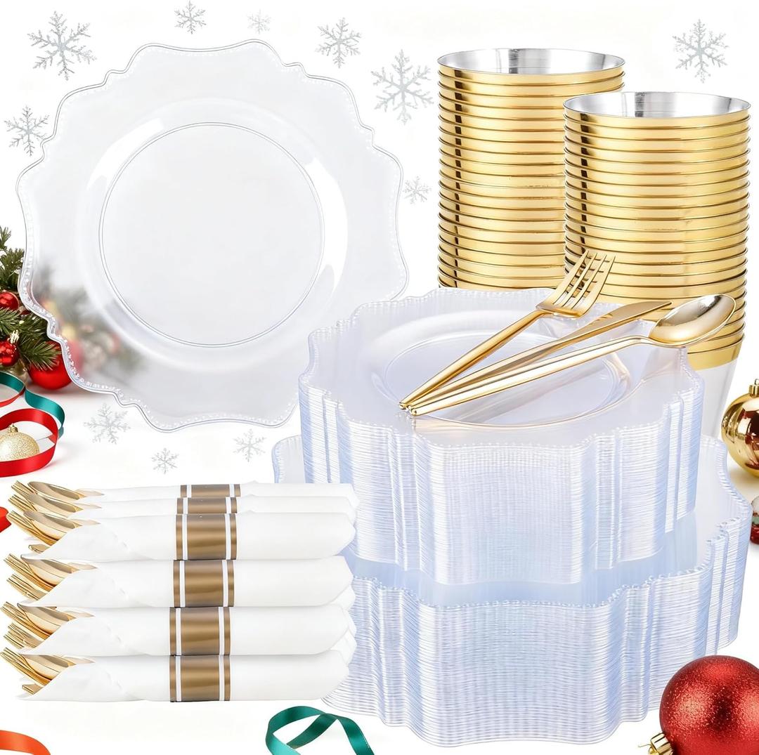 COLOSUS 350pcs Clear Plastic Plates Disposable Gold Cutlery Dinnerware set for party: 50 Dinner Plate, 50 Dessert Plate, 50 Per Rolled Napkins with Gold Silverware, 50 Cups 9 OZ for Thanksgiving