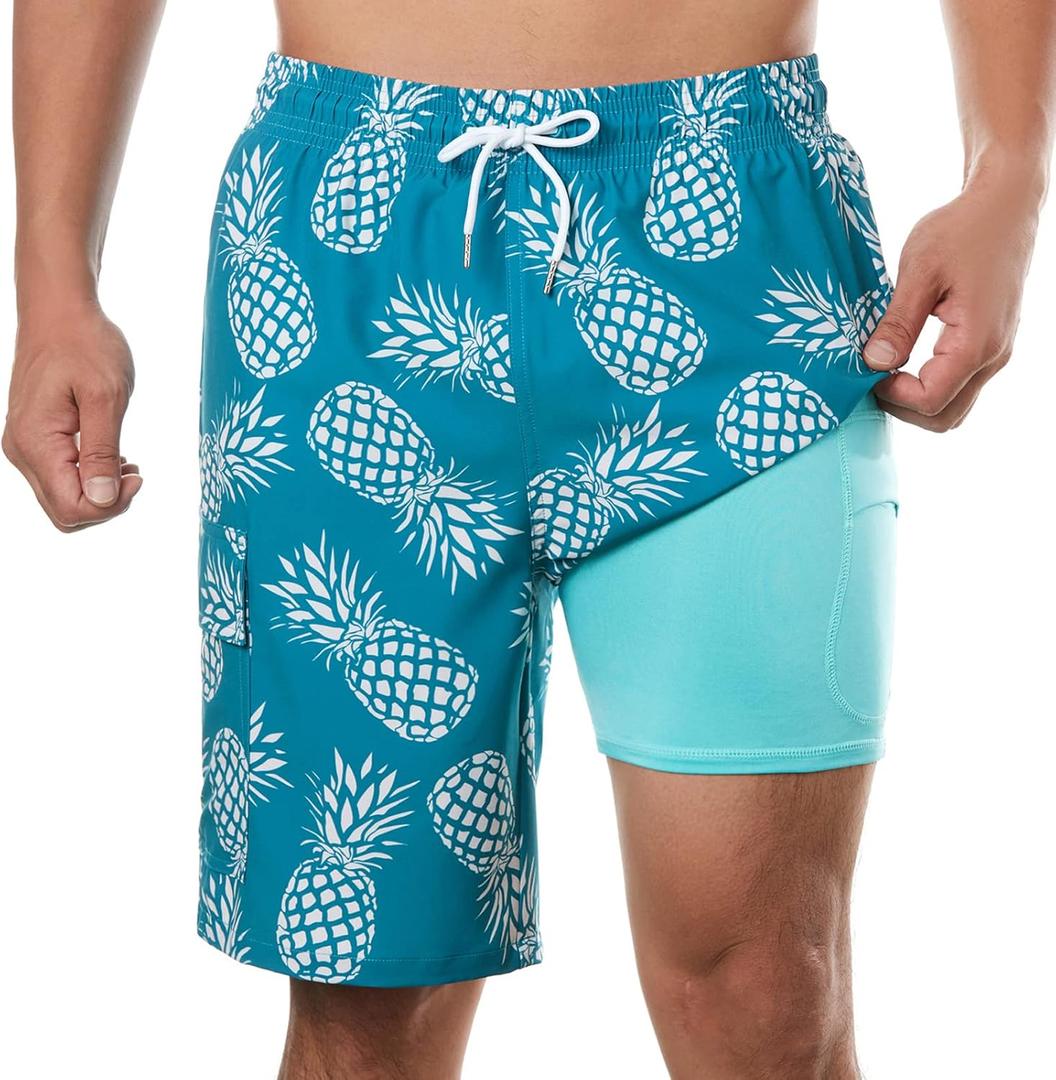 BRISIRA Mens Swim Trunks Bathing Suit 9 Inch Inseam Compression Liner Beach Long Board Shorts Swimsuit Anti-Chafe Quick Dry (42, Darkcyan Pineapple) 4XL
