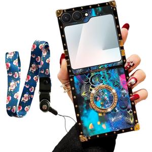 nancheng for Samsung Galaxy Z Flip 7 Phone Case Colorful Flower Petal Stars Sky Case with Diamond Ring Stand Strap Lanyard Shockproof Protection Cover