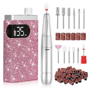 Rechargeable 35000RPM Nail Drill Sparkling Portable Professional Electric Nail File for Acrylic/Gel Nails Professional Nail Tools for Manicure Pedicure, Pink