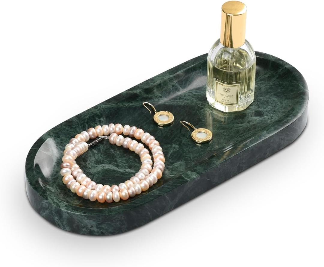Bathroom Vanity Tray, Natural Marble Oval Tray 10 inch, Emerald Green Marble Vanity Tray for Soap Dispenser Modern Countertop Organizer for Kitchen Countertops, Home Decor