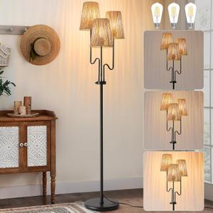 Dimmable Floor Lamp, 68in. Boho Floor Lamps with Natural Shade, 3-Light Tree Lamp for Coastal, Beach or Bohemian Style Decor, E26 Socket, Rotary Switch Standing Lamp for Living room, Bedroom