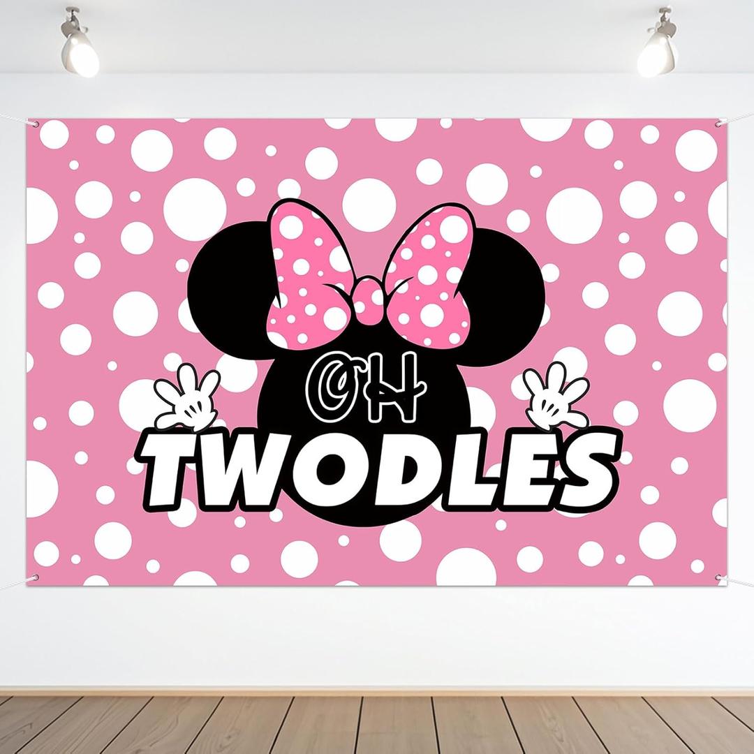 Oh Twodles Backdrop Banner Pink Cartoon Happy 2nd Birthday Theme Party Decorations Cheers to Two Years Old Photography Background Supplies for Girls