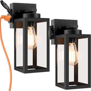 Bdrofn 2-Pack Porch Lights Outdoor Wall Lantern,Black Outdoor Wall Light with Outlet,Waterproof Anti-Rust Exterior Light Fixture Outside Lights for House Garage Hallway
