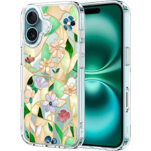 Unov Case Compatible with iPhone 16 Case Magnetic Clear with Design Compatible with MagSafe Slim Protective Soft TPU Bumper with Hard PC Back Embossed Pattern (Stained Glass Flower)
