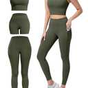 SALSPOR 3 Piece Workout Sets for Women High Waisted Leggings with Pockets Tummy Control Biker Shorts Yoga Sports Bra(3YFTZ-Army Green-2XL)