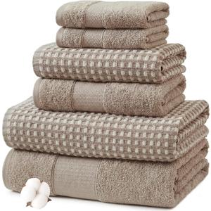 Modern Threads 6 Piece Cotton Bath Towel Set Ultra Soft 600 GSM Towels Bathroom Set with Hand Towels and Washcloths Waffle (Classic Taupe), Standard