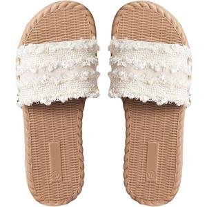 Women's Raw Trim Flat Sandals Single Band Open Toe Summer Vacation Beach Slides (9.5, Beige)