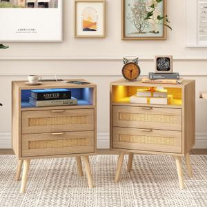 Rattan Nightstands Set of 2 with Charging Station and Led Lights, End Tables with 2 Drawers and Wood Legs, Bedside Tables Night Stands for Bedrooms, Side Tables Living Room (2 Pack)