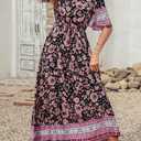 PRETTYGARDEN Women's Casual Summer Boho Floral Print Dress V Neck Short Sleeve High Waist Long Maxi Beach Dresses (S)