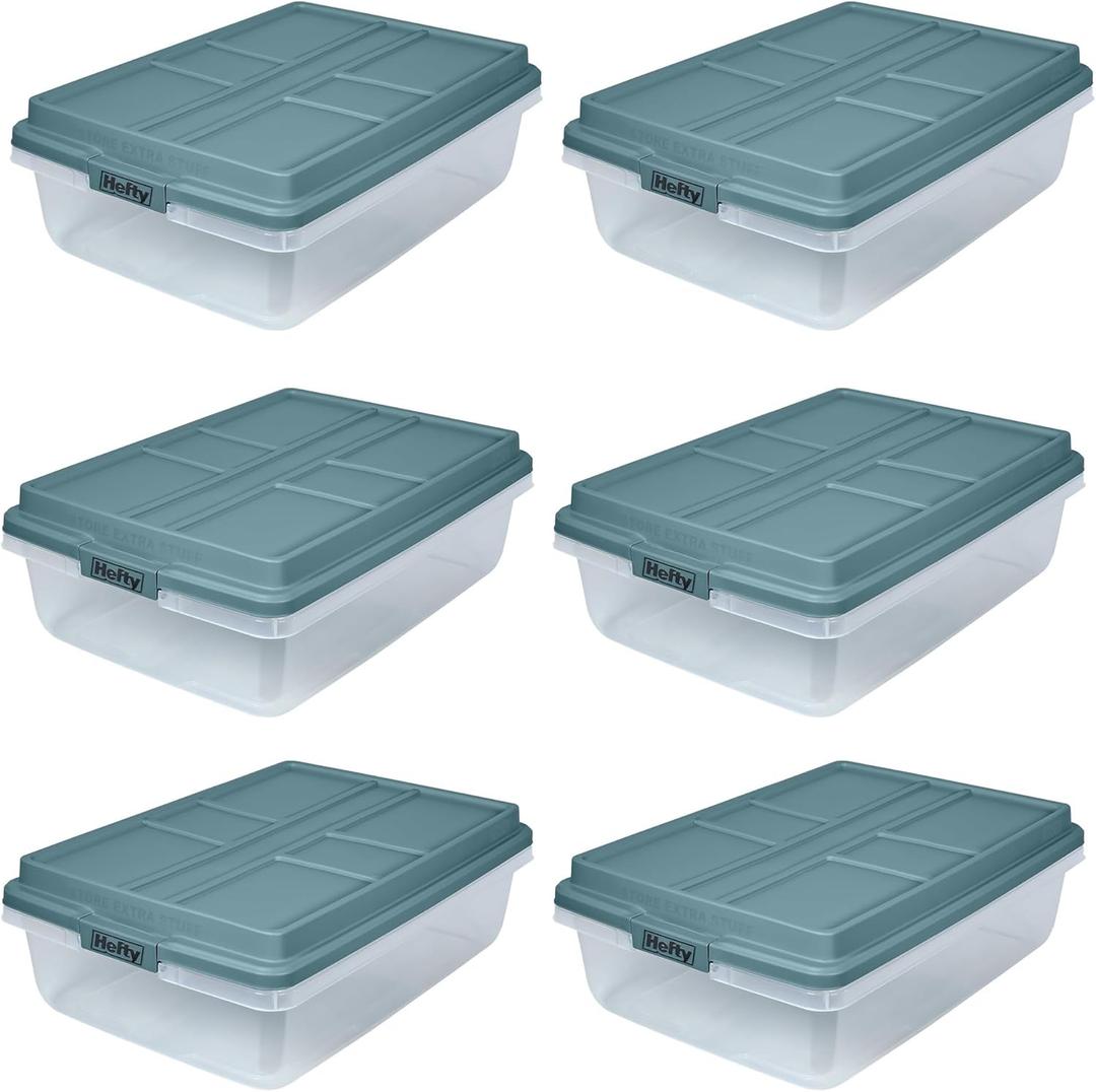 Hefty HI-RISE 40 Qt Stackable Storage Bins with Lids  6 Pack Clear Plastic Under Bed Storage Containers, Shoe Organizer Boxes with XL Lid-Locking Latches, Comfort-Grip Handles, Durable Double Rim