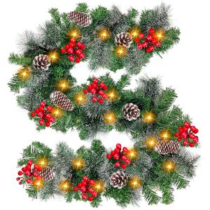 TURNMEON 6 Ft by 10 Inch Prelit Christmas Garland with Timer 30 Warm Lights 8 Pine Cone Snowy Bristle Pine 56 Berry Battery Operated Real Touch Cedar Garland Xmas Home Outdoor Indoor Fireplace Decor