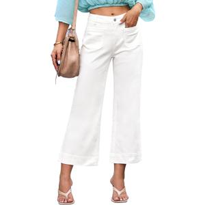 Luvamia Wide Leg Jeans for Women Trendy High Waisted Flare Jeans Cropped Denim Pants Stretchy Baggy with Patch Pockets (White, S)