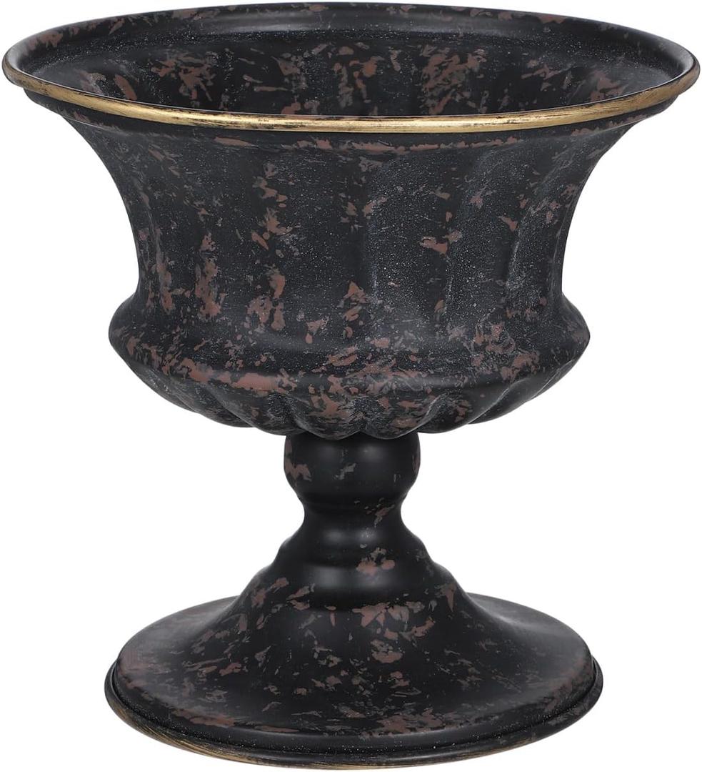 Vintage Metal Urn Planter, Small Roman Flower Pot Table Centerpiece Trumpet Vase Farmhouse Table Centerpiece Flower Bucket Decorative Trumpet Vase for Home Wedding Garden Indoor Outdoor (6 Inch) (15x15cm, Black)