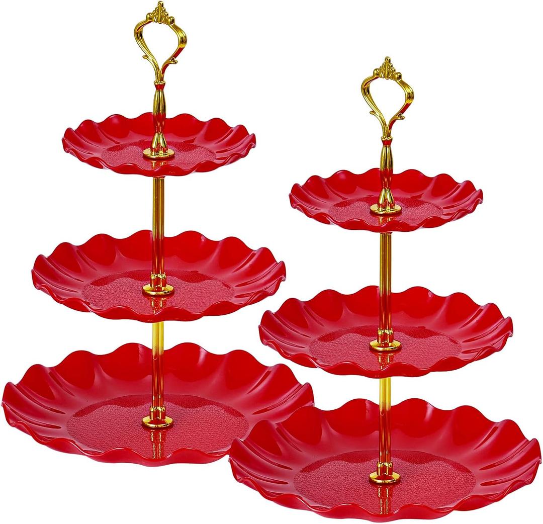 Soleebee 3-Tier Cupcake Stand, Wavy Plastic Tiered Serving Tray, Cup Cake Tower for Birthday Wedding Party Decoration, Cupcake Tier Stand Fruits Desserts Display 2 Pack (Red)